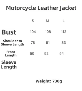 Detailed size chart for vintage lapel leather biker jacket including chest and sleeve info