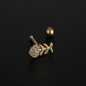 Close-up of golden fishbone stud earring with micro-pave cubic zirconia and screw back