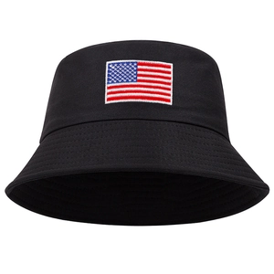 Classic black cotton bucket hat with American flag embroidery and reinforced stitched brim