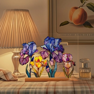 Artistic iris flower acrylic plaque with wooden base on a cozy desktop display