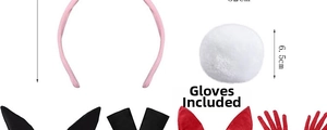Detail of bunny ear headband set with red gloves bowtie and plush tail for cosplay