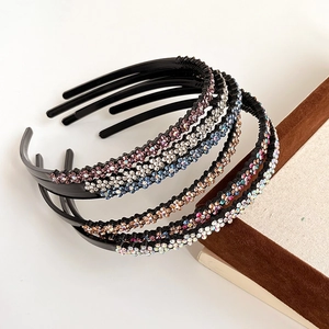 Sparkling multi-color rhinestone non-slip headbands for women shown in a layered stack