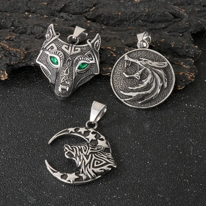 Nordic Viking Wolf Head Pendant Necklace Stainless Steel Green Stone Eye Moon Star Celtic Punk Jewelry For Men