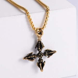 Retro black and gold Vajra pillar pendant necklace with intricate religious carvings