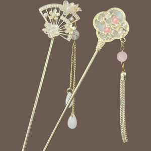 Ancient style gold flower hairpins with pink floral charms and long tassels for Hanfu