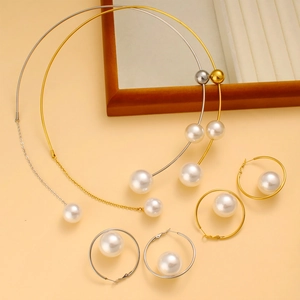 Detailansicht von Halsreifen-Sets in Gold und Silber mit großen Perlen und Ohrringen