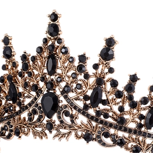 Luxurious Baroque bridal crown with black rhinestones and antique bronze metal base