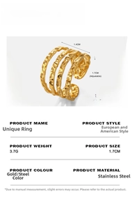 Detailed view of wide four-layer wavy stainless steel ring with dimensions and specs