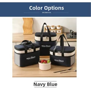Detail of navy insulated lunch bag with thick aluminum foil lining and side mesh pocket
