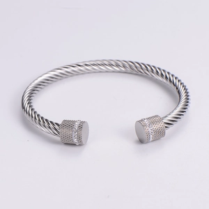 Silver twisted cable stainless steel open bangle with sparkling rhinestone accents