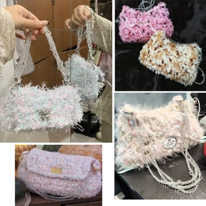 Detail showing plush handbags with crystal bead chains and metallic bow decorations