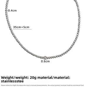 Detail of silver stainless steel bead necklace with dimensions and 0.6cm center stone