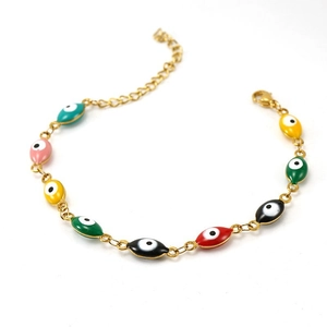 Bracelet œil porte-bonheur en acier inoxydable doré 18K avec breloques en émail multicolores