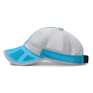 Kids breathable mesh baseball cap in grey and blue with adjustable strap for outdoor sun protection