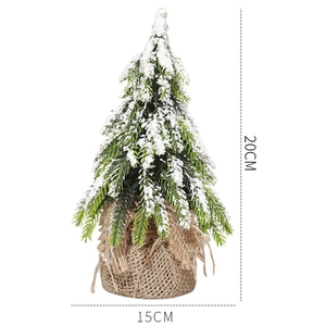 Mini frosted Christmas tree with snow flocking and burlap base, dimensions 20cm by 15cm