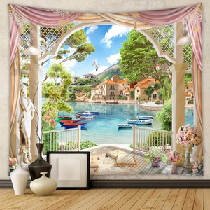 Detail of Mediterranean arch landscape tapestry with ocean view for room wall decoration