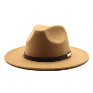 Classic camel wool jazz fedora hat with a wide brim and stylish leather metal buckle band