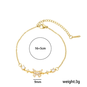 Gold butterfly bracelet with cubic zirconia charms and 16+5cm adjustable chain