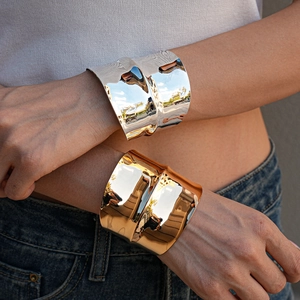 Irregular Wide Cuff Bracelet Metal Wave Pattern Mirror Polished Minimalist Statement Jewelry For Women