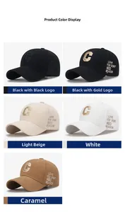 Detail showing baseball caps in five colors with 3D C-letter embroidery and side text
