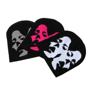 Three-piece set of black hip-hop knit beanies with abstract face graphics for hiking