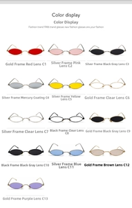 Color chart of oval vintage sunglasses with narrow metal frames in 13 lens colors