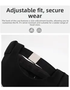 Detail of adjustable metal buckle on black twill cotton cap for secure and custom fit