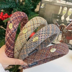 Plaid Tweed Headband Padded Retro Hairband With Golden Metal Label For Women Elegant Autumn Winter Hair Accessories