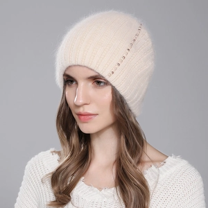 Angora Rabbit Fur Cashmere Knitted Beanie Hat For Women Artificial Pearl Rhinestone Embellished Soft Warm Winter Ribbed Skull Cap