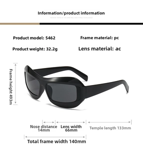 Dimensions détaillées des lunettes de soleil noires Y2K montrant la largeur de monture
