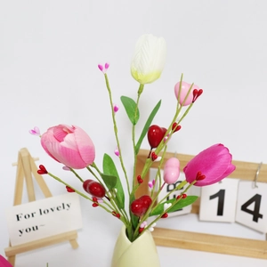 Artificial tulip bouquet with pink hearts and cream vase for Valentine's Day decor