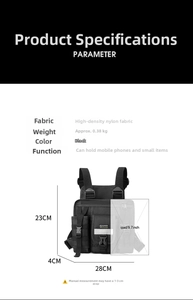 Tactical chest bag parameters showing 28x23x4cm size and 9.7-inch iPad capacity