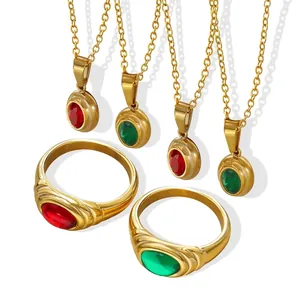 Egyptian Pharaoh Necklace Ring Stainless Steel 18K Gold Plated Mysterious Red Green Crystal Zircon Vintage For Women
