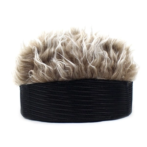 Funny hip hop wig hat featuring black skull cap with grey synthetic hair on white background