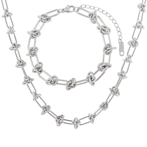Hip hop style silver stainless steel necklace and bracelet jewelry set with knot chains