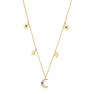 Detailed close-up of golden S925 sterling silver necklace with star and moon opal charms