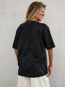 Detailed back view of dark gray washed cotton oversized t-shirt with dropped shoulders