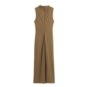 Brown sleeveless bodycon maxi dress with back zipper and ruched details on a white background