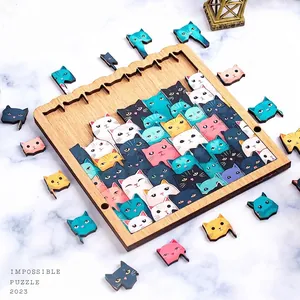 Immersive wooden cat shaped impossible puzzle with various colors and laser cut pieces