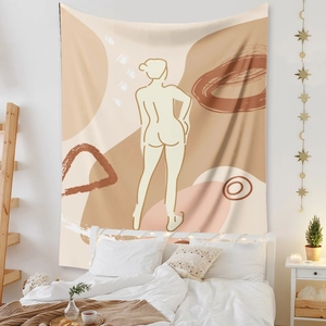Artistic bohemian wall tapestry with minimalist female line art and abstract earthy shapes