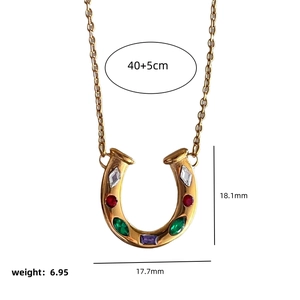 Rainbow horseshoe U-shape pendant necklace in gold stainless steel with zircon gems