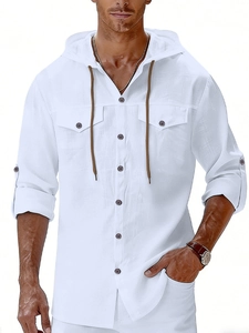 Close-up of a white linen beach hoodie with chest pockets and adjustable buttoned sleeves
