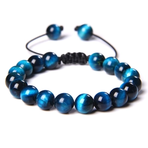 Adjustable blue tiger eye stone braided bracelet with natural gemstone beads for yoga