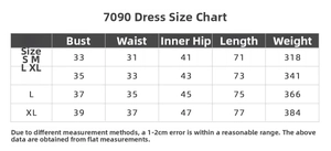 Size chart for athletic tennis dress bodysuit including chest, waist, and length measurements