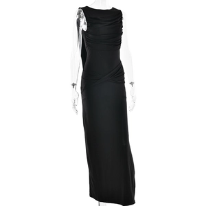 Detail showing the elegant pleated texture and slim fit design of a sleeveless black maxi dress