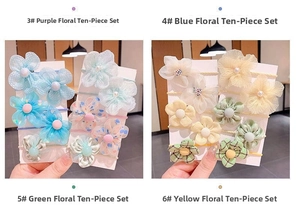 Detalle de set de gomas de pelo con flores de colores y cuentas para niñas y bebés