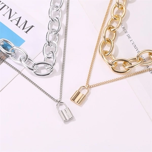 Double-layered gold and silver punk chain necklaces with a minimalist square lock pendant
