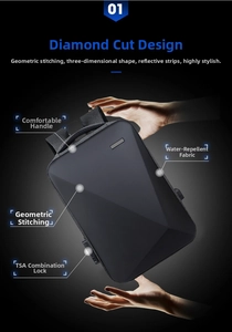 Close-up of geometric hard shell backpack with TSA lock and waterproof matte material