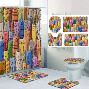 Detail showing cartoon cat print bathroom set with shower curtain and non-slip floor mats