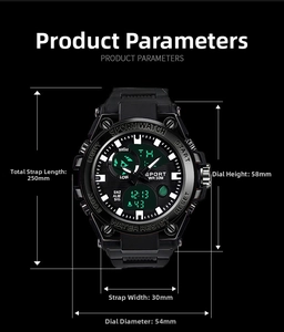 Technical drawing of a digital sports watch showing size specs and dimensions